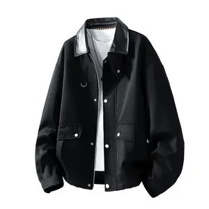 Oversized, relaxed fit—stretches out fully! American high-street minimalist workwear jacket with leather panels and a turn-down collar—retro casual, versatile commuter outerwear