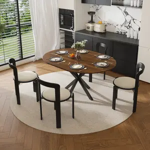 Retractable dining table, round dining table, extendable dining table, 6-person carbon steel base, modern and simple solid wood veneer dining room furniture (42 inches extended to 58 inches)