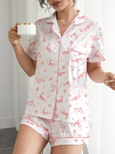 Women's Spring Summer Sleepwear Set, Whale Print Pyjamas, Comfortable Shirt Collar Short Sleeve Top & Loose Elastic Shorts