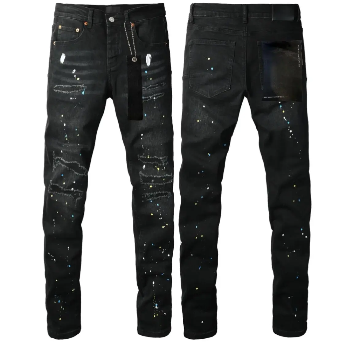 Men’s Black Paint Splatter Jeans - Vintage Washed Skinny Denim, Slim Fit Streetwear Casual Pants