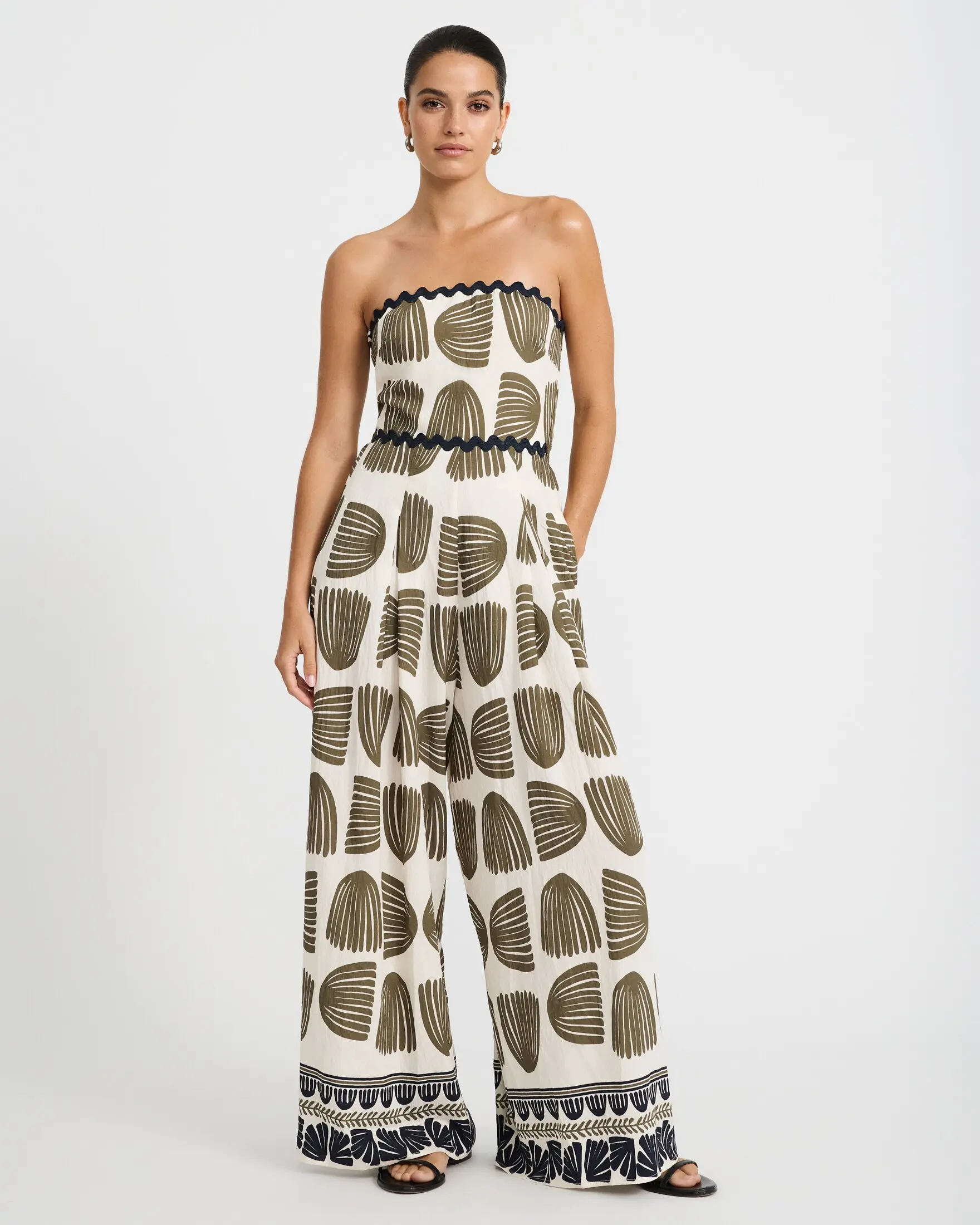 Express Printed Strapless Wide Leg Jumpsuit with Pockets