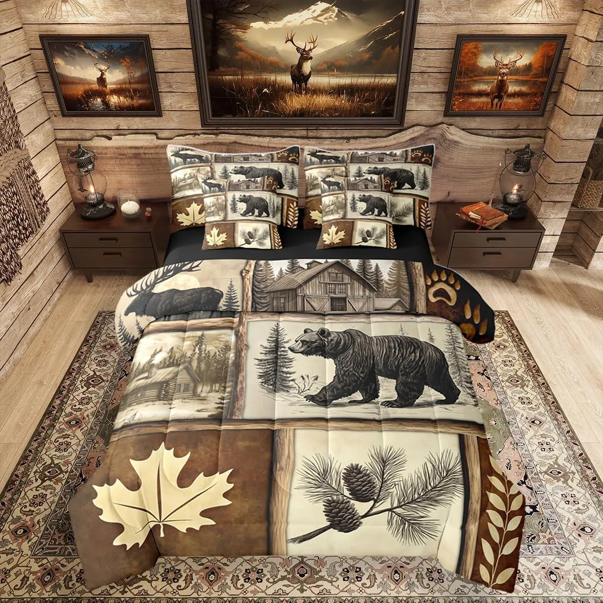 Feelyou Queen Bedding Set - Rustic Cabin Lodge Bedding Sets with Sheets, Country Patchwork Plaid, Rural Maple Bear Paw Print Comforter Duvet for Hunting Enthusiasts, Queen Bedding Sets