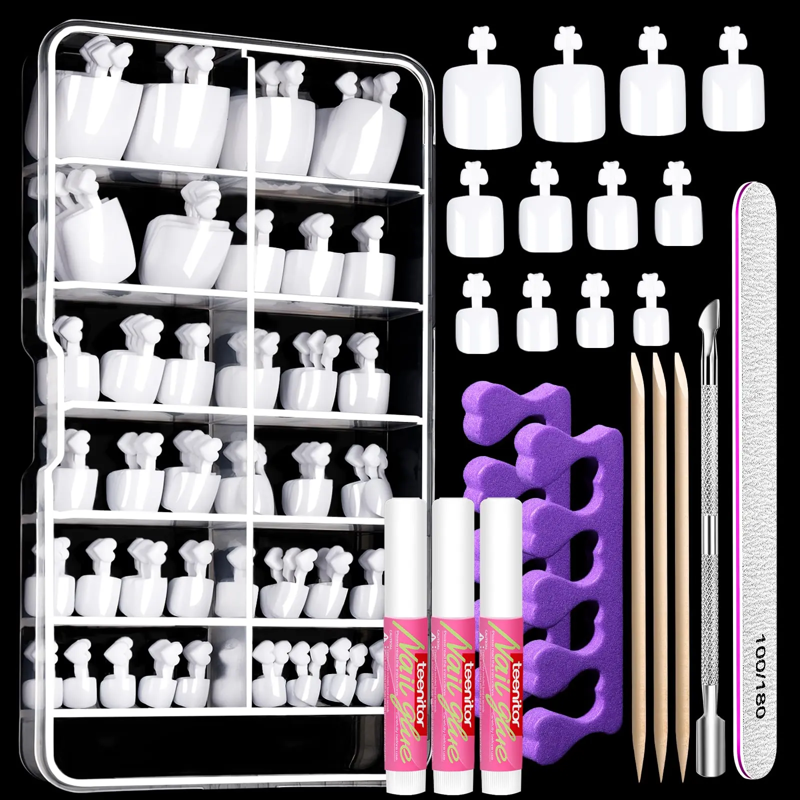 120PCS White Press On Toenails with Nail Glue, Short Square Acrylic False Toe Nails Kit, Full Cover Fake Toenails, 12 Sizes Reusable Toe Nail Tips with Nail File, Cuticle Pusher, Wooden Stick & Toe Separators