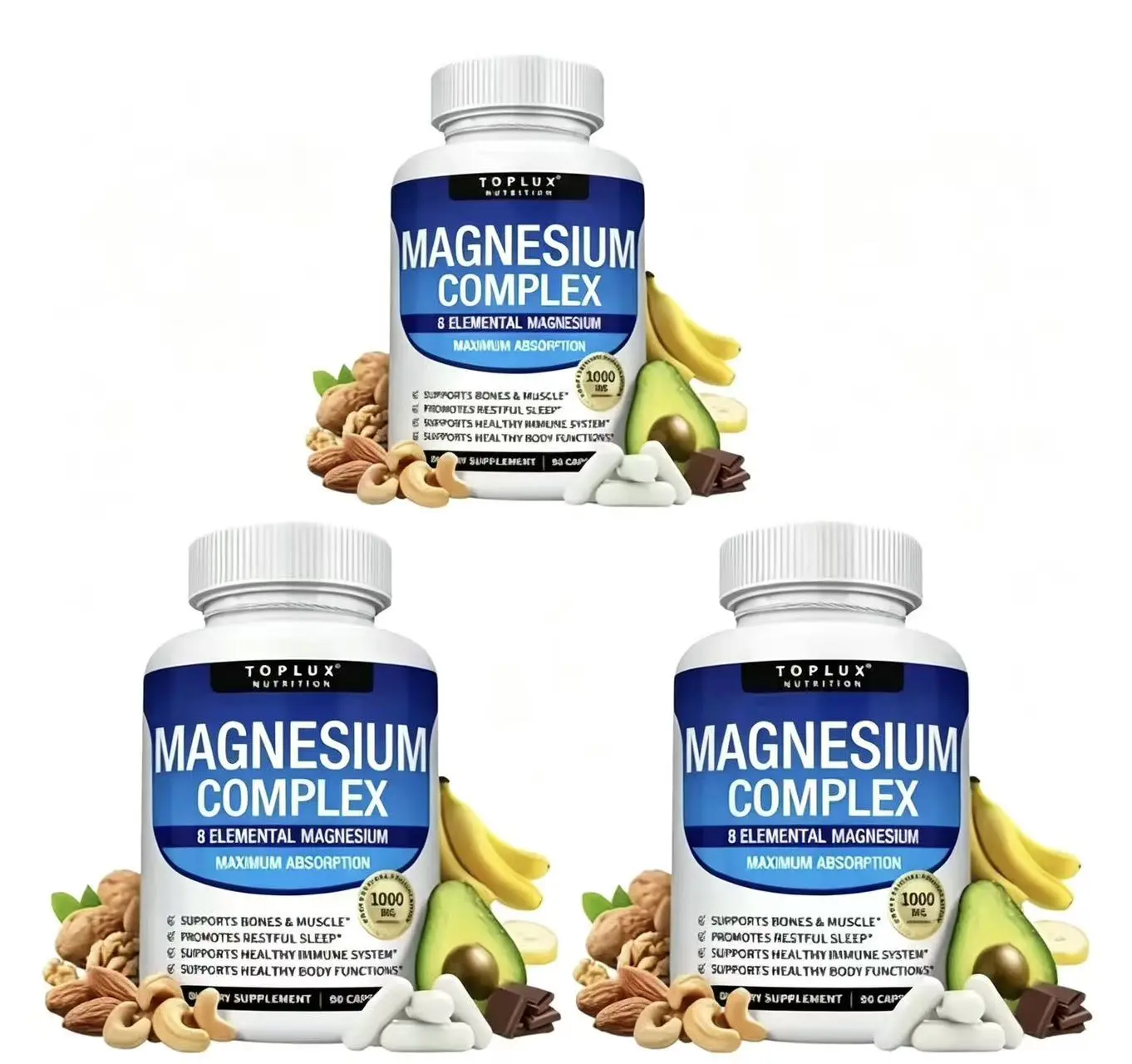 Toplux Nutrition Magnesium Complex 1000mg, High Absorption Multi Magnesium Supplement Capsules Healthcare Dietary,Magnesium Complex 8 Essential Magnesium Supplements 1000 mg Vitamin Dietary Fitness Edible