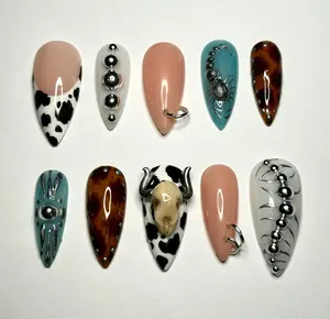 Western Cowboy Press On Nails, Bull Head Nails, Rodeo Nails, Country Style Handmade Nail Set, Western Turquoise Nail Art