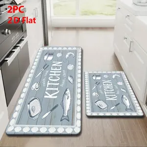 Ocean Theme Kitchen Mat Set, Light Blue Wood Grain Base, Shell Border, Artistic Kitchen Design, Durable Floor Mat for Home Decor