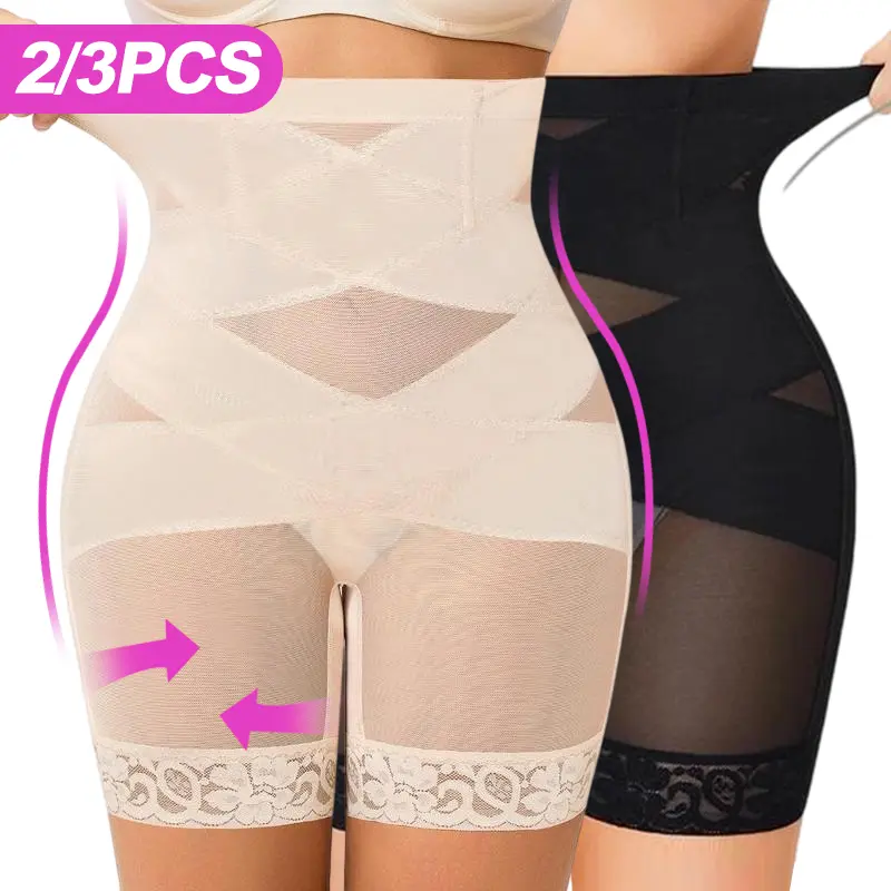 Women's 2-3 PCS High-Waisted Compression Shaper Panties - Seamless Tummy Control, Butt Lifting Lace Underwear, Thigh Slimmer Girdle for Everyday Basic, Wedding Occasions