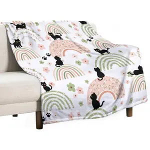 Rainbow Cat Flower Blanket, Cute Cartoon Cherry Blossom Blanket, Super Soft Flannel Throw Blanket for Bed Sofa (330GSM Flannel) 50"x70"in
