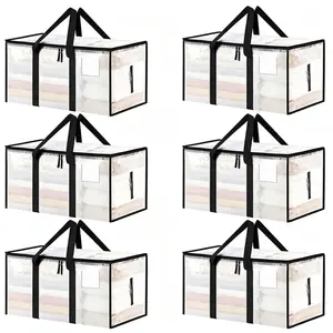 Large Clear Plastic Storage Bags 6 Pack - Foldable with Hinged Lids for Moving & Dorm