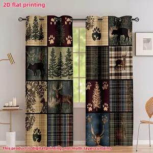 2D Flat 2Pcs Nature Wilderness Print Curtains, Bear and Deer Wildlife Pattern, Pine Tree Plaid Design, for Rustic Cabin Lodge Decor, Window Accessory, Anti Privacy.