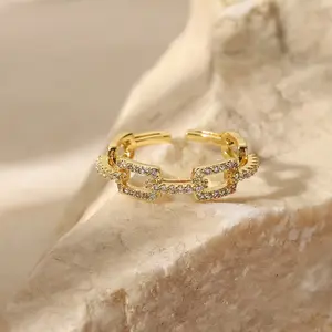 Chain Link, 18K Gold Plated, Stackable, Adjustable Cubic Zirconia Stones Ring For Women