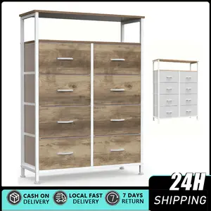 Dresser for Bedroom with 8 Drawers, Anti-Tip Tall Fabric Chests Storage Organizer Tower Furniture with Wooden Top Metal Frame for Clothes, Closet, Living Room, Hallway, Entryway Wooden top bracket with raised shelves,8 storage Spaces
