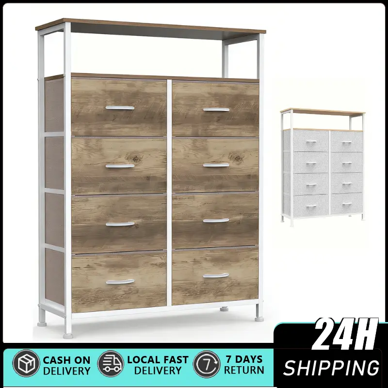 8-Drawer Tall Fabric Dresser Storage Cabinet with Anti-Tip Design, Wooden Top, Metal Frame and Raised Shelf Bracket - Drawers Organization Indoor Storage Organizer Furniture for Bedroom, Closet, Dresser Storage Cabinets