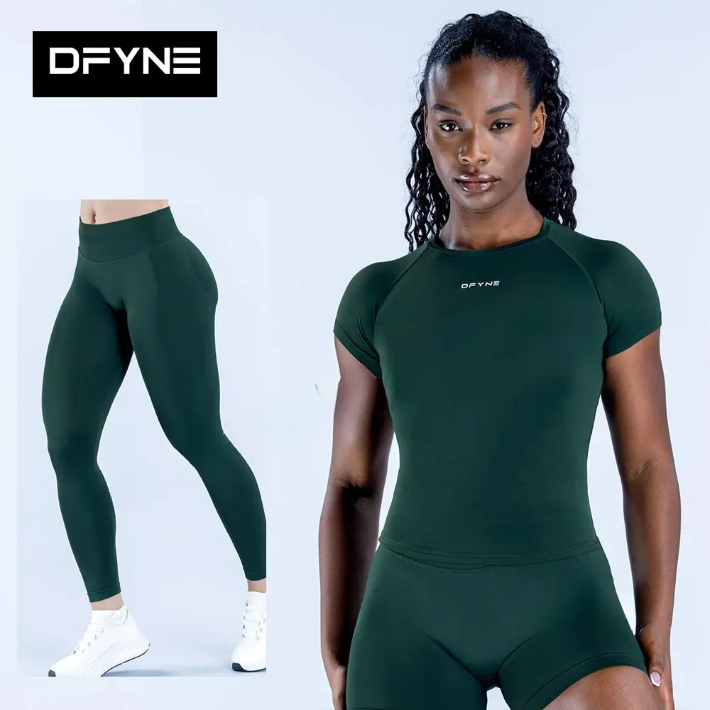 DFYNE Women's 2 Piece Workout Set - Fitted Short Sleeve Gym Top & High Waisted Lifting Leggings, Workout Sets Women, Matching Activewear Set