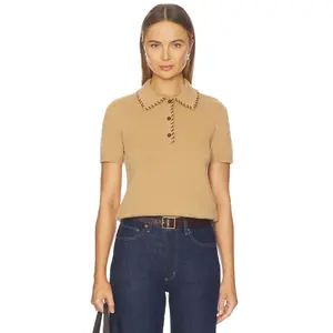 FRAME The Leather Stitch Polo Top in Camel