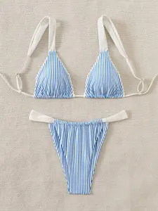 Blue White Stripe Triangle Bikini Set - Contrast Trim + High Cut Bottom