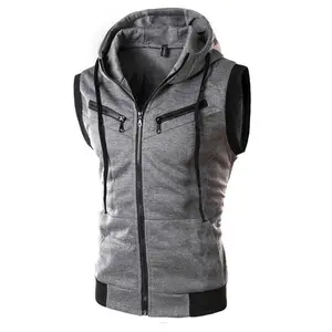 Men’s slim-fit knitted sleeveless sports hoodie/vest for students, solid color, casual, zip-up, summer