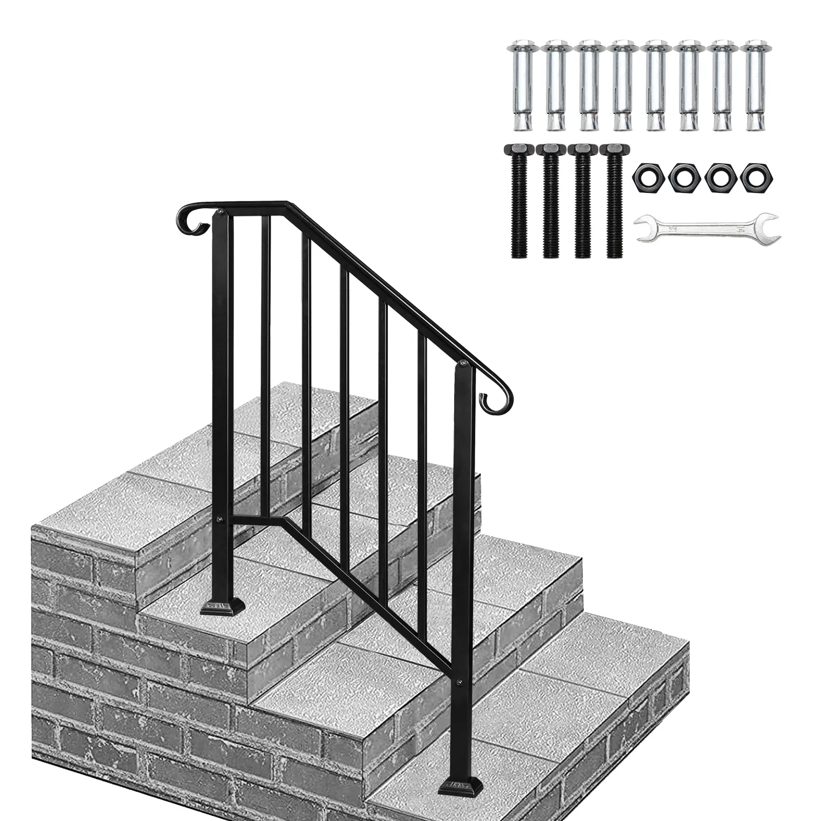 Matte Black Galvanized Iron Stair Handrail, 2-Step Outdoor Design with Rustproof Coat, Includes Bolts, Fits 2/3 Steps, Portable Folding Extension Ladder