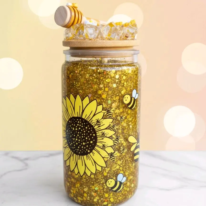 16oz Golden Honey Snowglobe Tumbler - Sunflowers & Bees Design - 3D Honey Dipper Lid