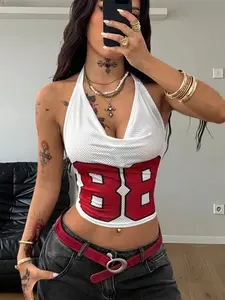 Coolane Women's Summer Concert Y2K Streetwear Sport Casual Breathable Mesh Graphics Number Pattern White Slim Fit Backless Crop Tops