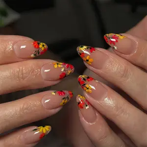 Almond Press-On Nails | Autumn Floral French Tips | Reusable Fake Nails