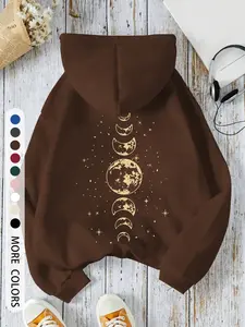 Women's Hooded Drawstring Sweatshirt, Graphic Moon Print, Comfortable & Stylish, Easy to Pair, Must-Have Closet Addition, Fall & Winter Fashion Tops