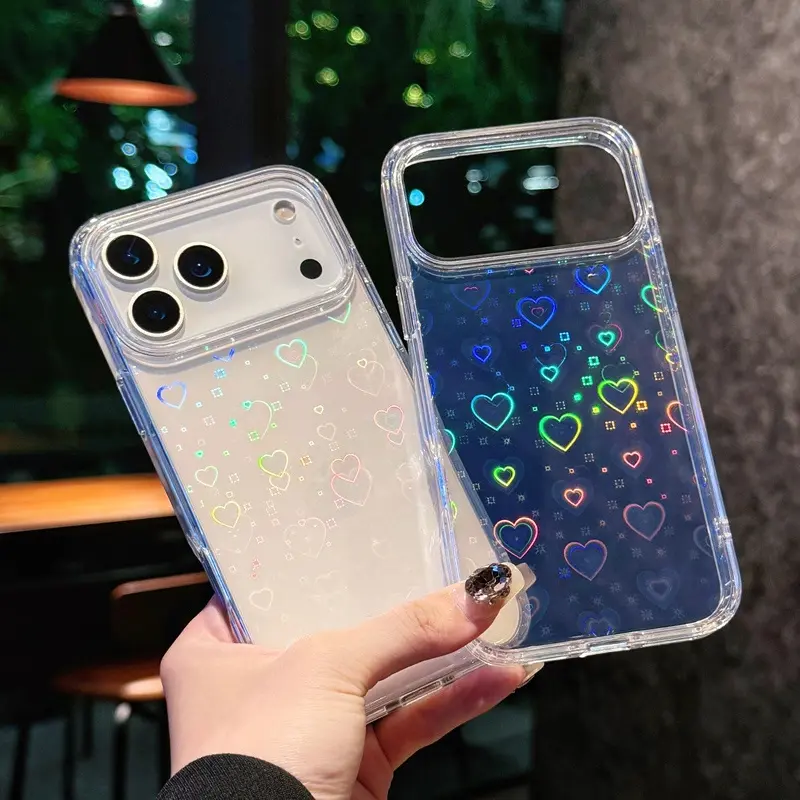 Phone Case Casing - Set of 3 Items [1 Phone Cover + 2 Transparent Screen Protectors] Featuring a Dazzling Holographic Design with Laser Hearts, Suitable for Iphone 11 Through 17 Pro Max, Accessories