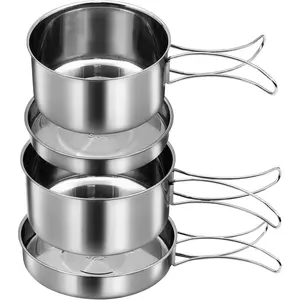 18/8 Stainless Steel 4pcs Camping Cook Pot Set Cooking Mess Kit for Backpacking Picnic
