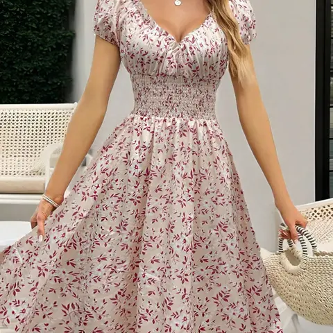 Women's Floral Bohemian V-Neck Tie-Waist Long Dress, Elegant Ladies' Fashion Skirt, Perfect for Casual & Special Occasions, Stylish Women's Clothing, Summer, Boho Fashion, Womenswear