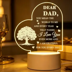 Heart Shape Family Tree Engraved Acrylic LED Night Light Gift for Dad, Sentimental Bedside Decor Lamp Father's Day Birthday Christmas Thanksgiving Present from Son Daughter