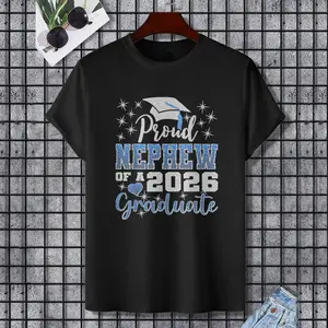 Super Proud Nephew of 2026 Graduate Senior Graduation Family T-Shirt, 100% Cotton, Single Side Printed, Black Short Sleeve T-shirt, Gift for Family Friends, S-XXXL, 1 pc, Fabric Weight 180g