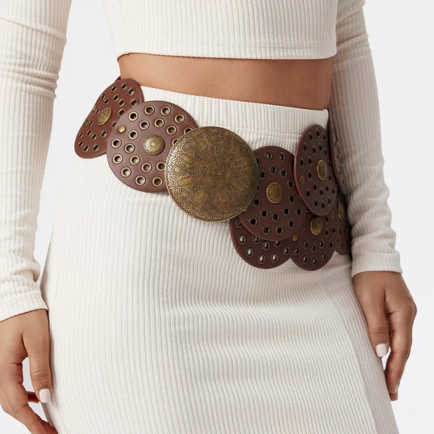 Brown PU leather concho belt with old silver tone buckle Concho Leather Brown Belt - Etsy main image 2