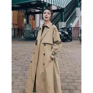 Korean Autumn Khaki Double Breasted Long Coats Women Lapel Sash Loose Trench Streetwear Windbreakers Office Lady Overcoats