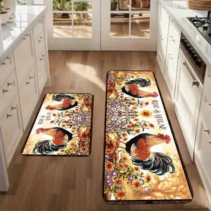 2/3pcs Vintage Kitchen Floor Mat Set, Home Kitchen Mat Set - Rooster and Flower Pattern Kitchen Decoration, Perfect for Kitchen, Family Office, Laundry Room, Bathroom - Farmhouse Decor