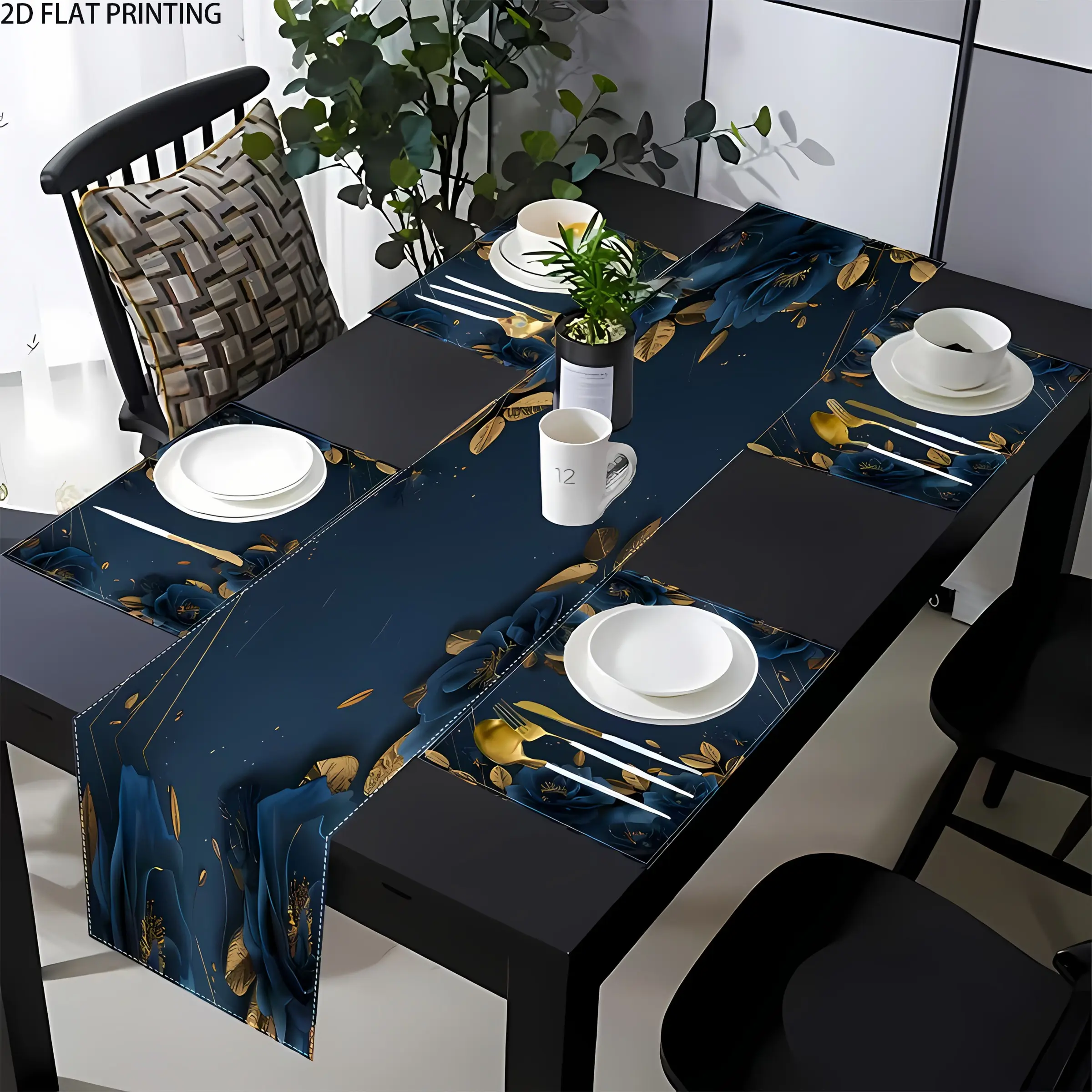 2D flat printing, 1 piece/4 pieces/6 pieces/8 pieces set, blue floral table flag placemat set, Dining table mats, rose design, suitable for dining tables, coffee tables, home decoration, dining table decoration, Table Placemats