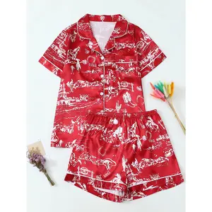 Red Western Cowboy Print Women's Pajamas, Short Sleeve + Shorts Set, White Contrast Piped Lapel Cardigan, Chest Pocket, Soft Satin Smooth Breathable Loungewear 2 Piece Set