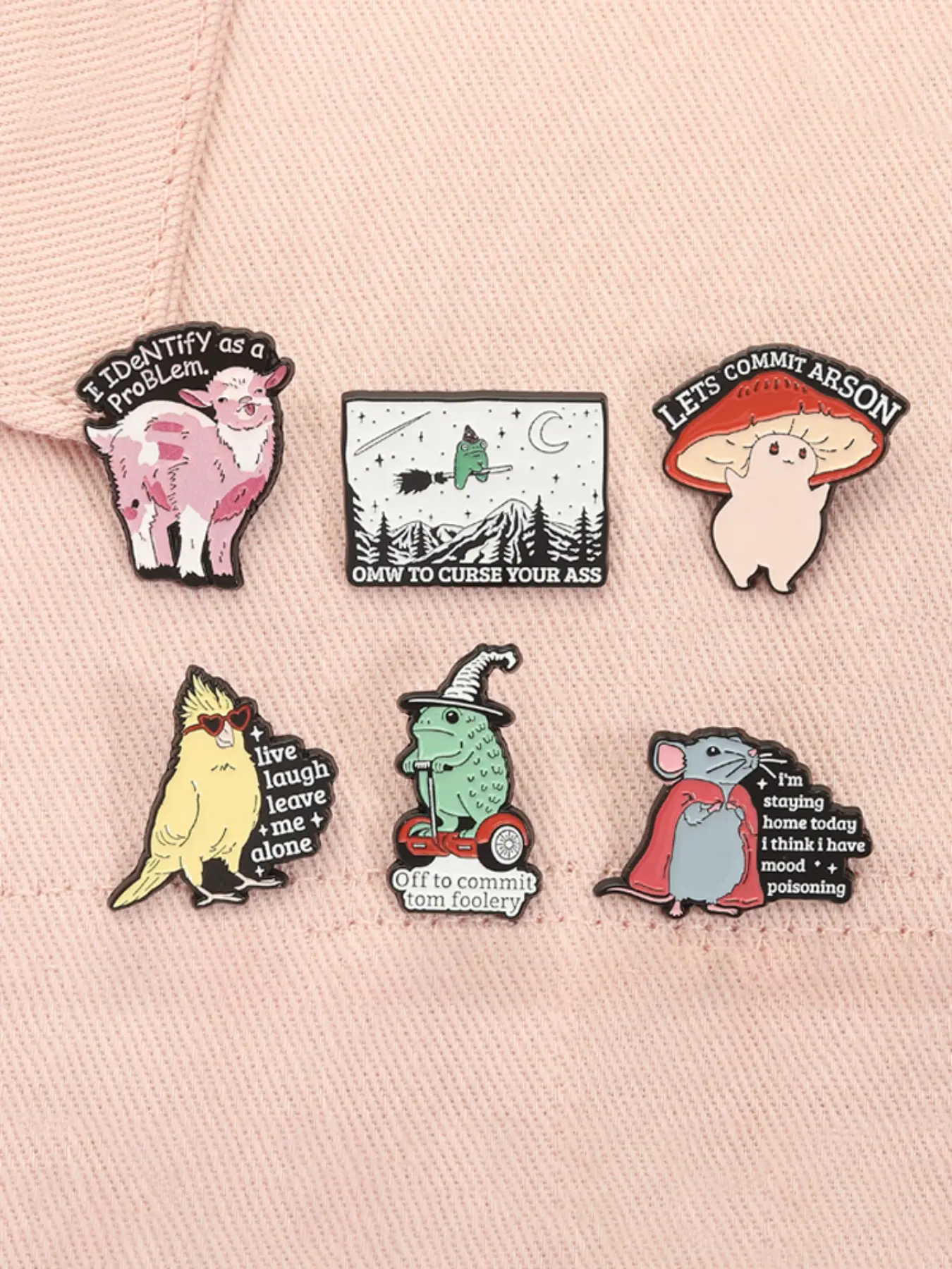 6 Piece Set Cartoon Whimsical Frog Wizard Parrot Lamb Animal Quote Enamel Pins ﻿Off To Commit Tom Foolery I Identify As A Problem Lets Commit Arson Alloy Brooches Lapel Backpack Badge Fashion Jewelry Accessories Decor Pins Gifts for Friends