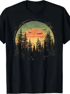 Men's casual T-shirt, retro wild bear and pine reflection printing, round neck short sleeve, all-season breathable outdoor activities and daily wear, bear pattern T-shirt, durable heavy cotton, holiday trip, work commute, artistic print