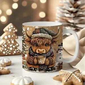 Christmas Mug Gift for Her, Cute Highland Cow with Santa Hat, Holiday Coffee Cup 11oz or 15oz