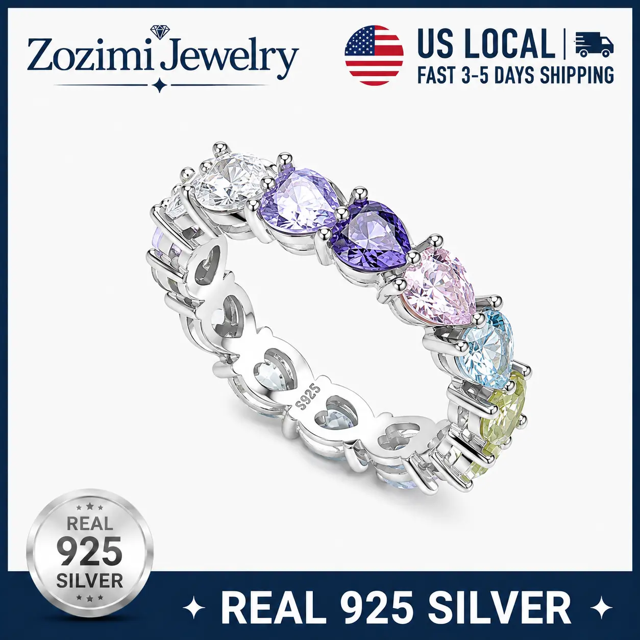 S925 Sterling Silver Rainbow Heart Cut Cubic Zirconia Eternity Ring Multi Color Heart Gemstone Band Ring Dainty Stackable Promise Ring Jewelry Gift For Women Anniversary Birthday