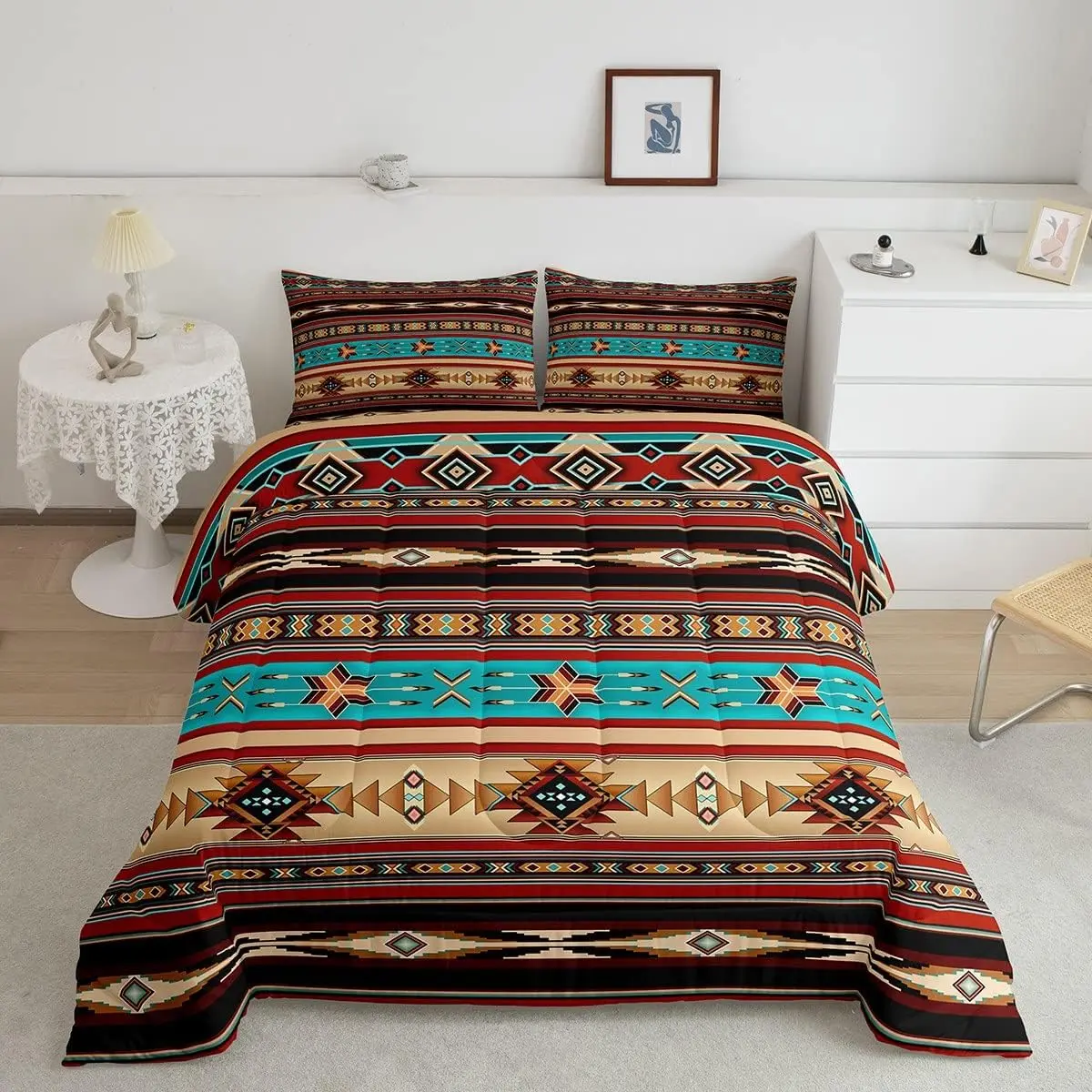 Feelyou 2-Piece Breathable Quilted Duvet Set - Boho Quilt Set, Ethnic Tribal Arrow Aztec Pattern, Unique Bedding, Vintage Southwestern Native Western Exotic Geometric Diamond Stripes, Bedding Sets