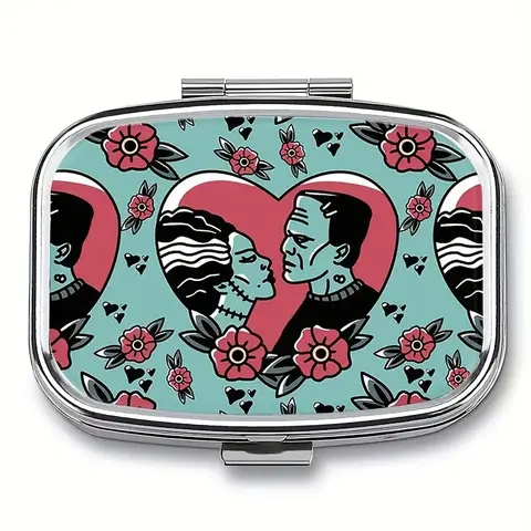 Frank & Bride Valentine Portable Medicine Box Healthcare, 2 Compartment Metal Pill Organizer, Vitamin Organizer, Travel Wallet Pocket Case, Essential Medication Holder, Medical Organizer