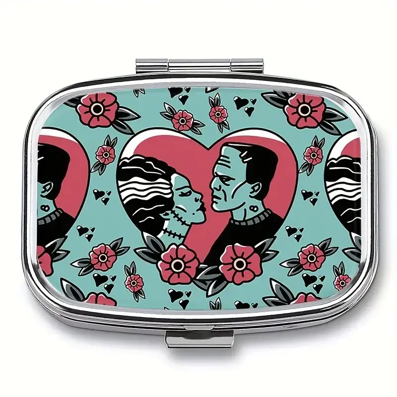 Frank & Bride Valentine Portable Medicine Box Healthcare, 2 Compartment Metal Pill Organizer, Vitamin Organizer, Travel Wallet Pocket Case, Essential Medication Holder, Medical Organizer