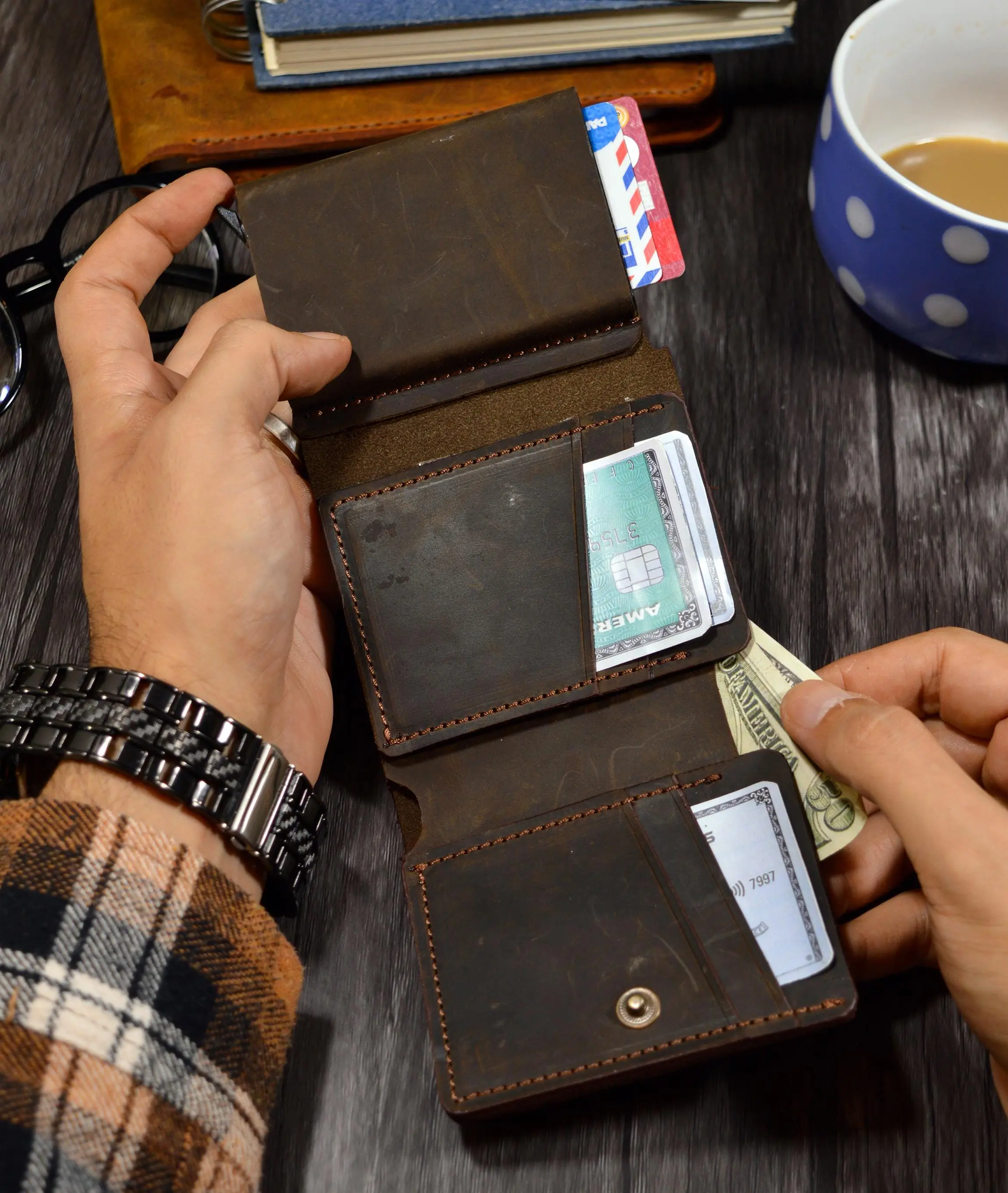 Personalized Leather Trifold Wallet Men, Engraved Leather Pop Up Card & Cash Holder