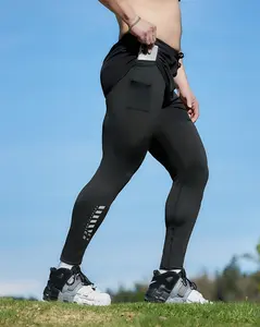 Men’s 2-in-1 faux two-piece athletic leggings with phone pocket, quick-dry breathable fabric for running, outdoor fitness, basketball training, tight fit