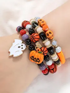 Halloween Themed Beaded Bracelet, Ghost & Pumpkin & Basketball Design Beaded Bracelet, Fashion Accessories for Women & Men, Jewelry As Halloween Gift