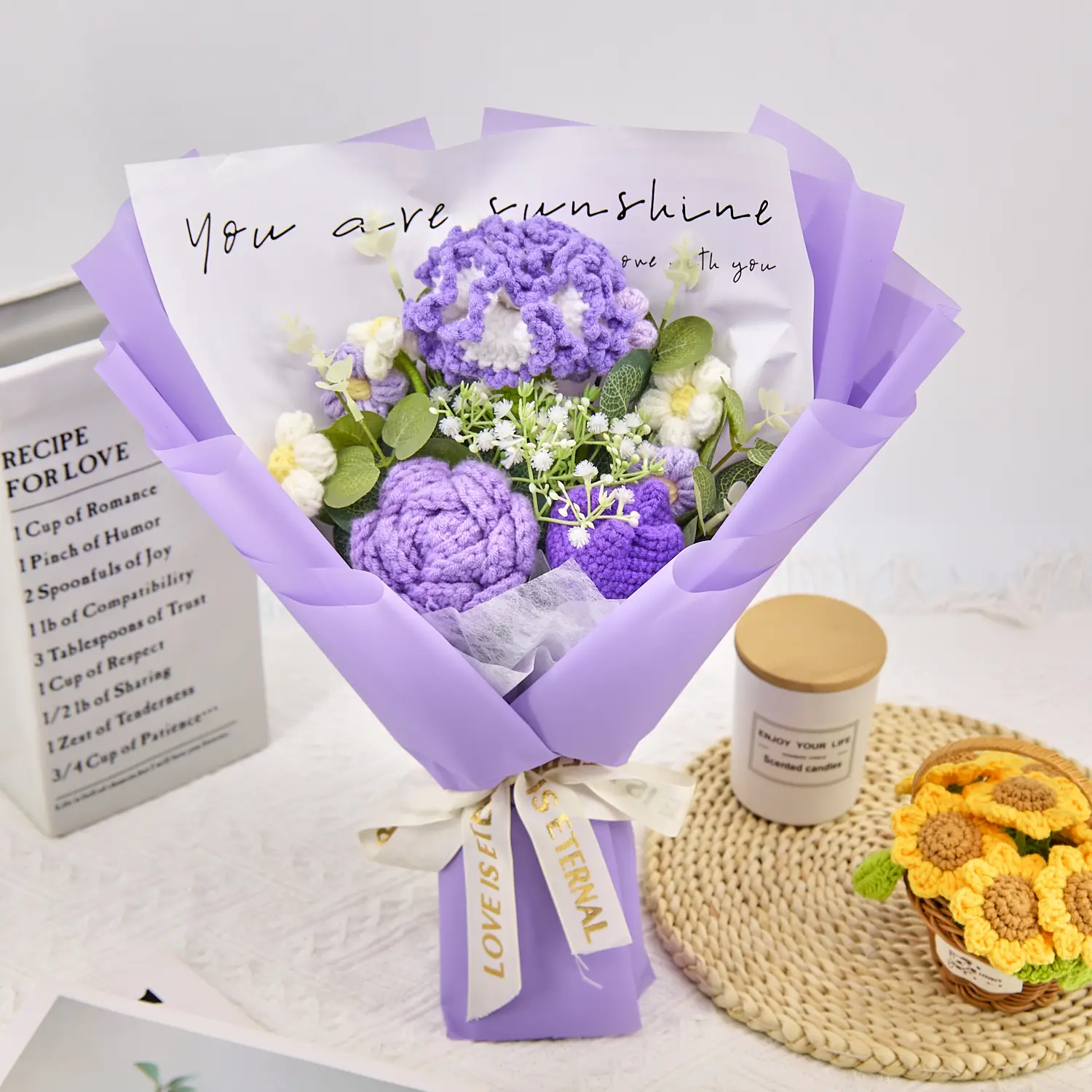 Handmade Crochet Flowers Bouquet Gift for Girlfriend Birthday Wedding Anniversary Just Because Graduation Gift with Carnation Tulip Rose Puff Forever Flowers for Her with Greeting Card US Fast Shipping Personalized Yarn Home Decor Women's Gift