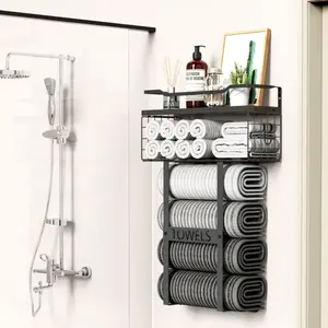 Bathroom towel rack, metal towel storage rack with storage basket, wall-mounted towel rack, small bathroom towel storage rack (black, short model)