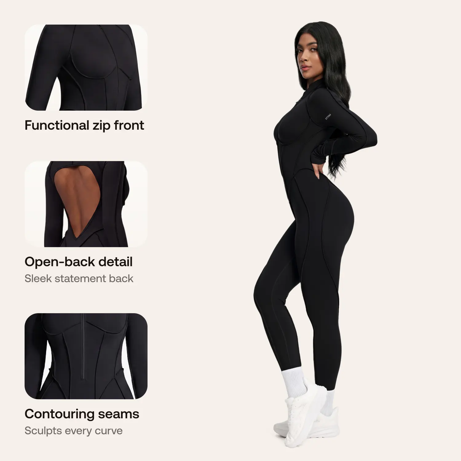 BetterMe Women's Full-Length Athletic Catsuit - Long Sleeve, 23% Spandex Polyester Blend, Breathable Compression Fabric, Shaping Tight Fit, Open Back, Above Ankle Sportswear Jumpsuit for Yoga, Workouts, Fitness Sport Outfits