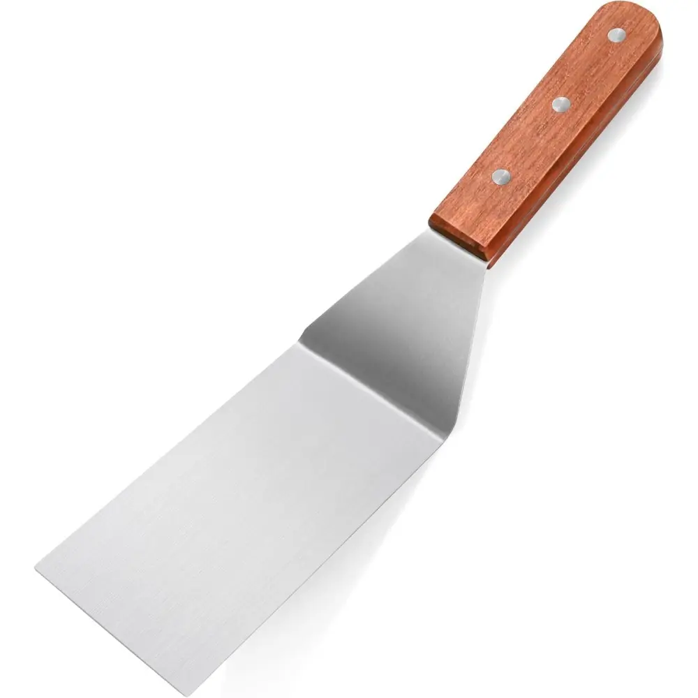 Restaurant Style Steel & Wood Solid and Perforated Barbecue Spatulas & Turners Set, 12.5 in Food Service Grill Utensils with Wooden Handle Stainless Steel Build, Hand Wash, Easy to Clean, Barbecue Turner